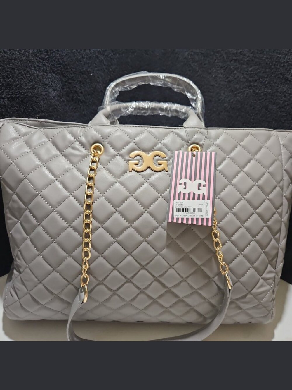 Gilda Paris Grey Quilted Tote with Gold GG Logo and Chain Strap NWT